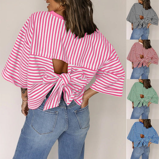 R1257 Bowknot Cutout Back Stripe Shirt