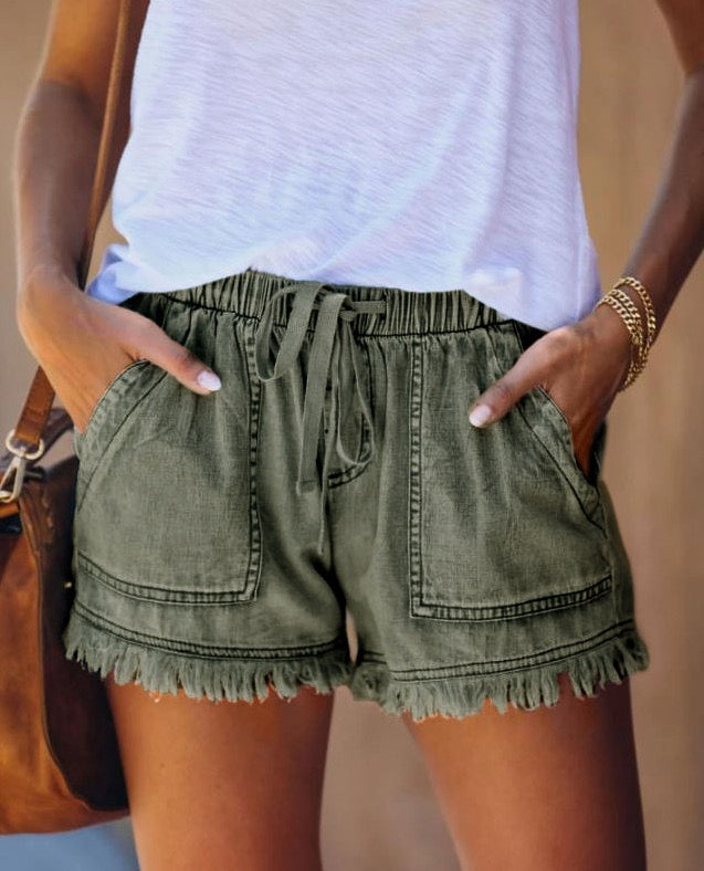 R1396 Drawstring Distressed Trim Denim Pocket Shorts