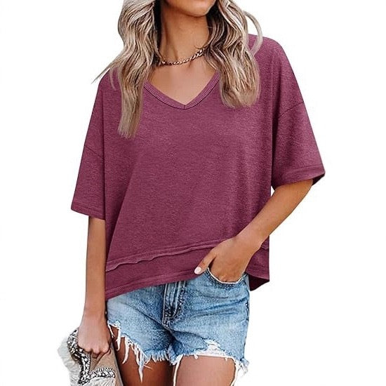 R1228 Women's Solid Color V-Neck Half-Sleeve T-Shirt