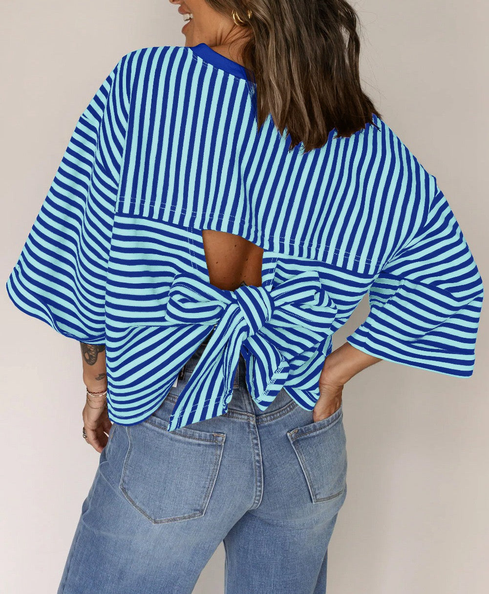 R1257 Bowknot Cutout Back Stripe Shirt