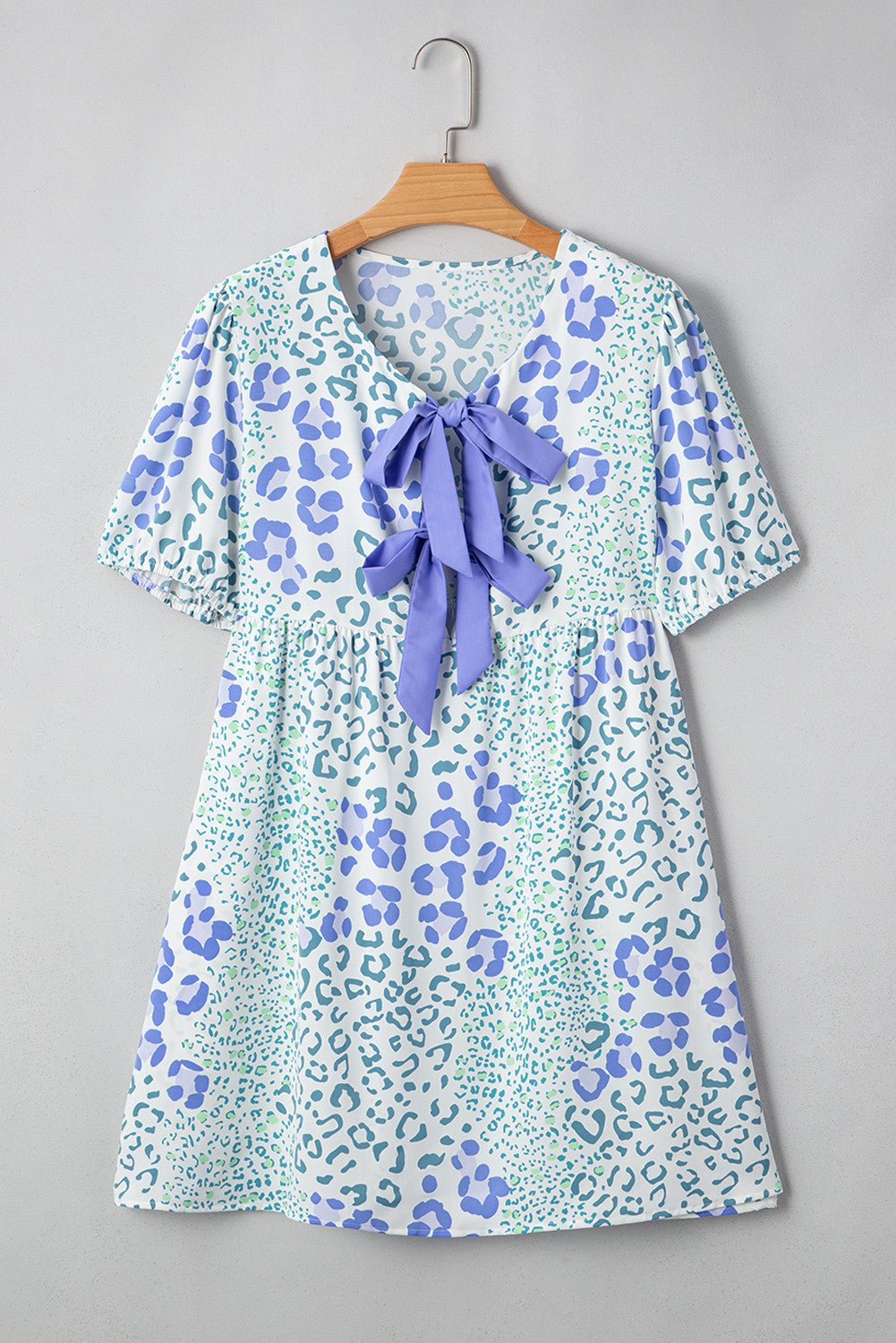R1222 Blue Leopard Puff Sleeve Mini Dress
