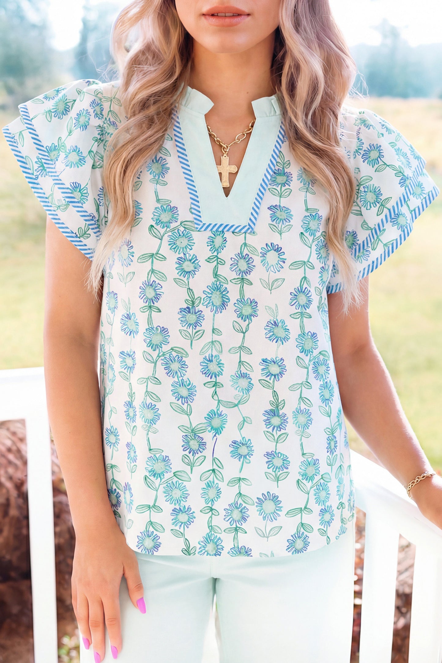 R1400 Green Floral Print Striped Detail Contrast V Neck Patchwork Flutter Sleeve Blouse