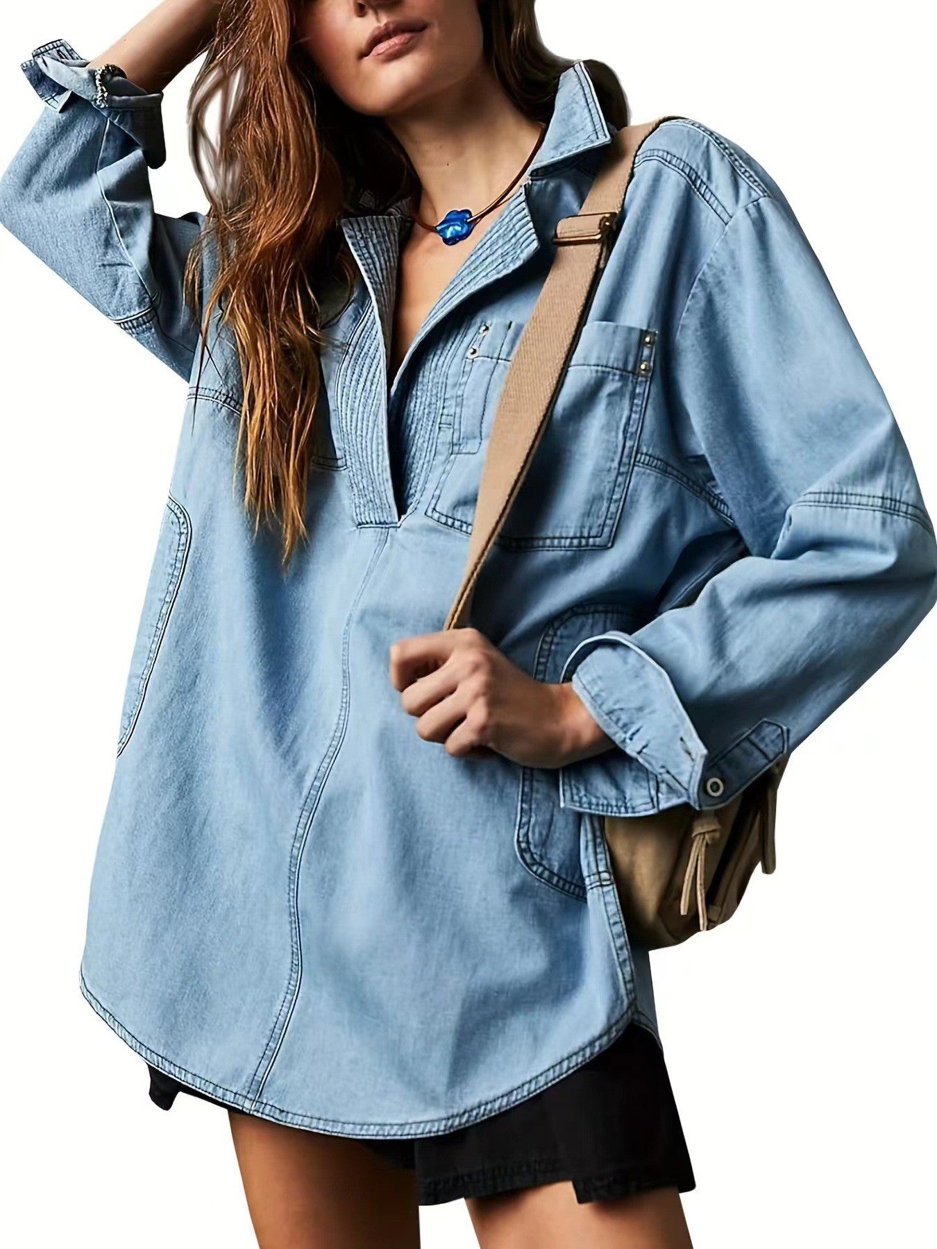 R1252 V neck Oversized Denim Top