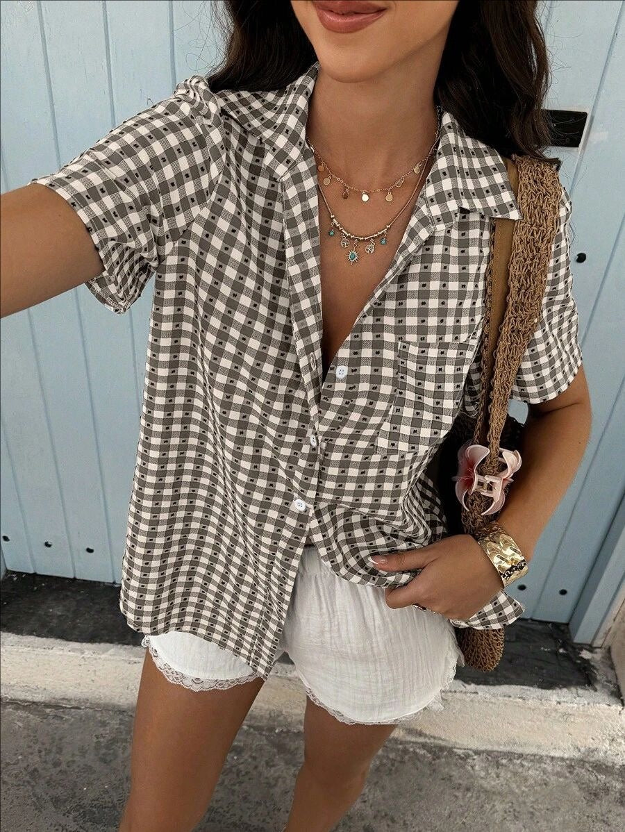 R1604 Summer Button Up Checked Blouse