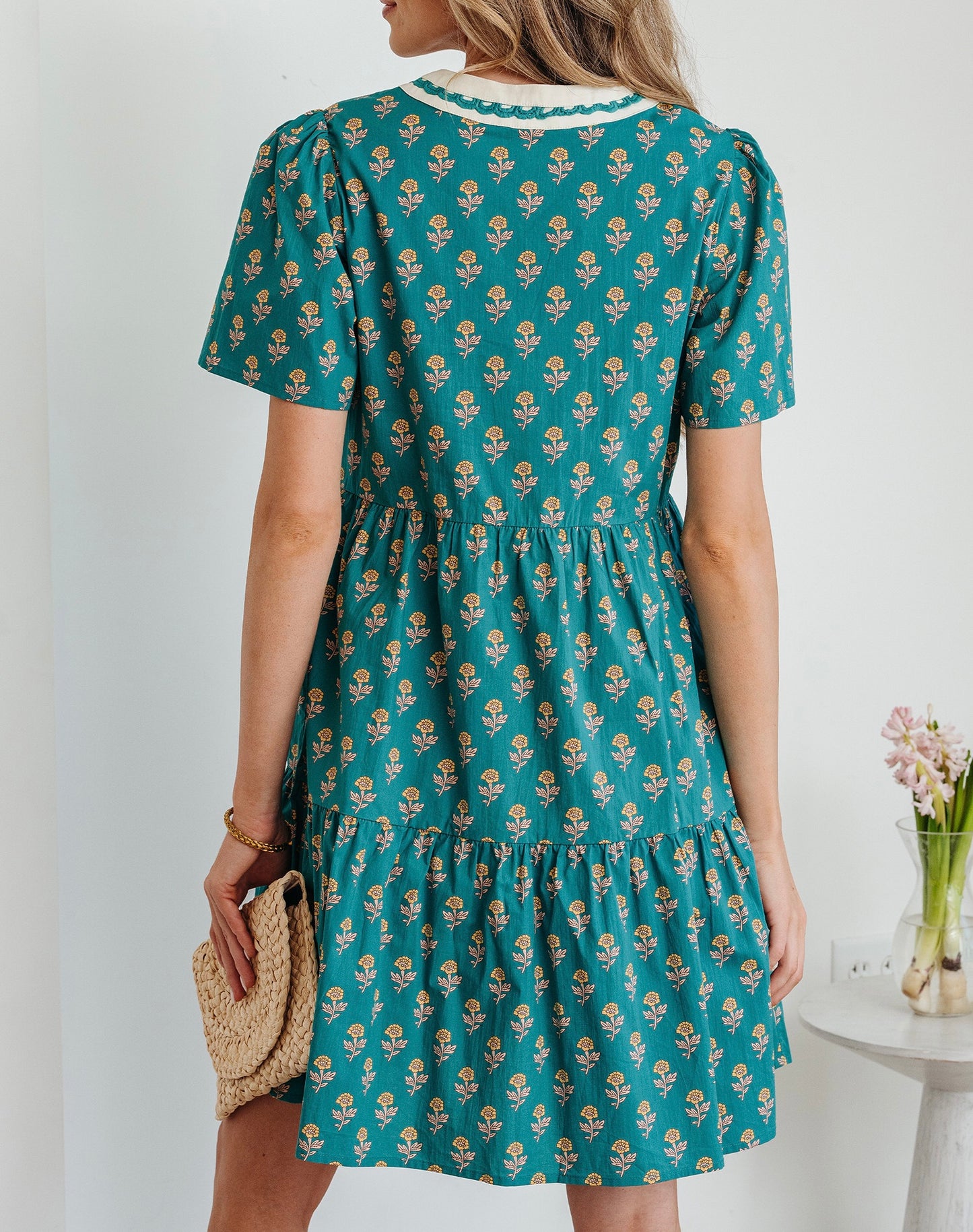 Green Contrast Trim V Neck Short Sleeve Floral Dress
