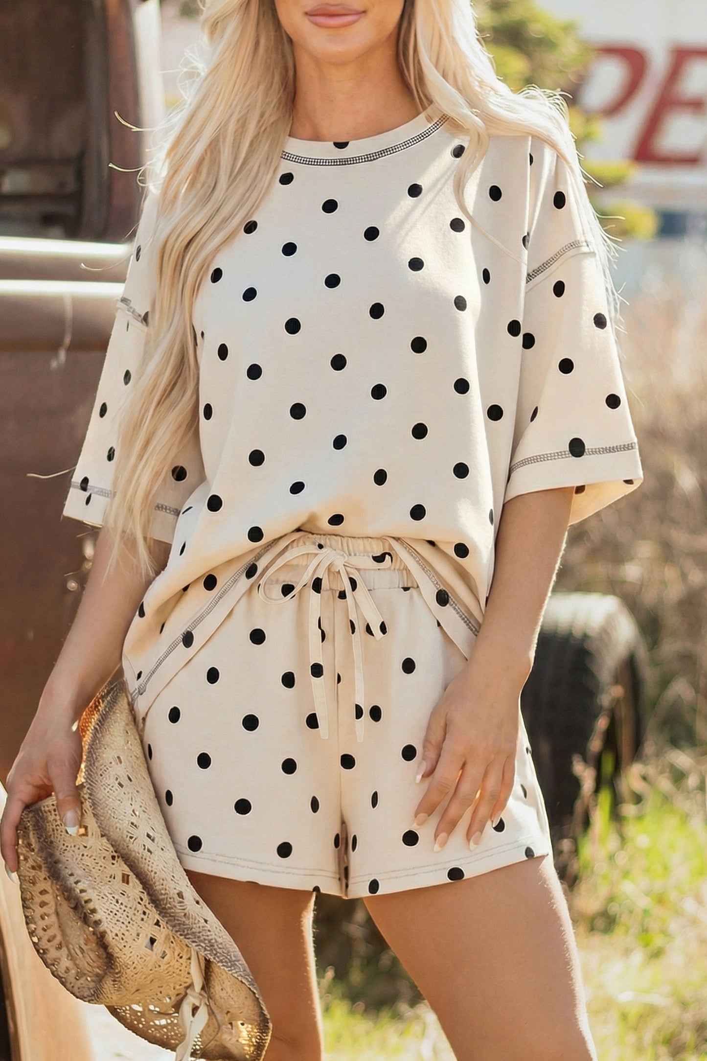 R1568 Polka Dot Loose Tee Drawstring Shorts Set