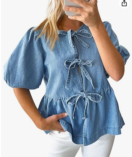 R1265 Bow Knot Babydoll Denim Top