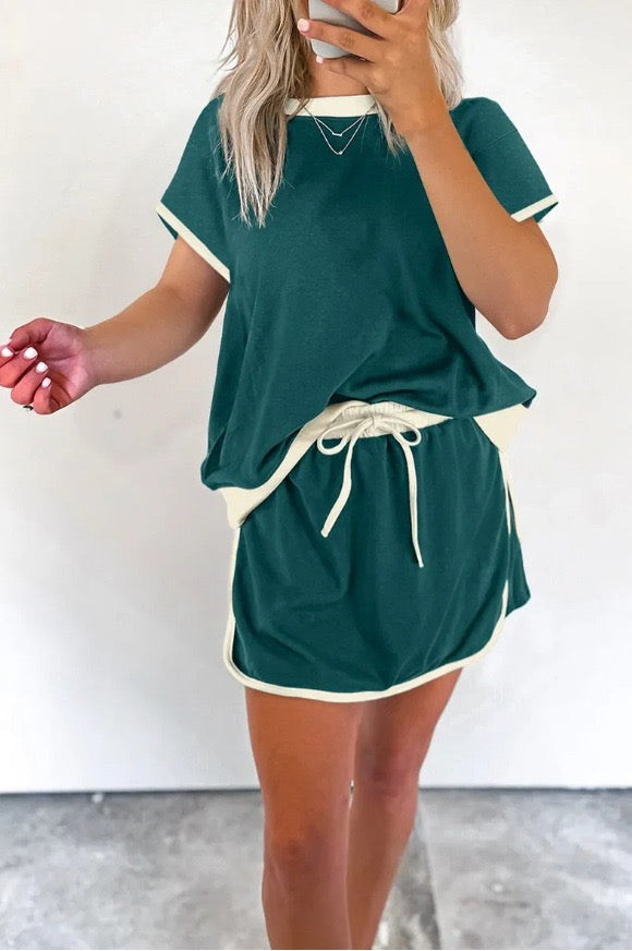 R1392 Colorblock Edge Drop Shoulder T Shirt and Skort 2Pcs Set