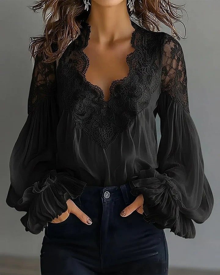R1214 Lace-stitched puff sleeves pleated blouse