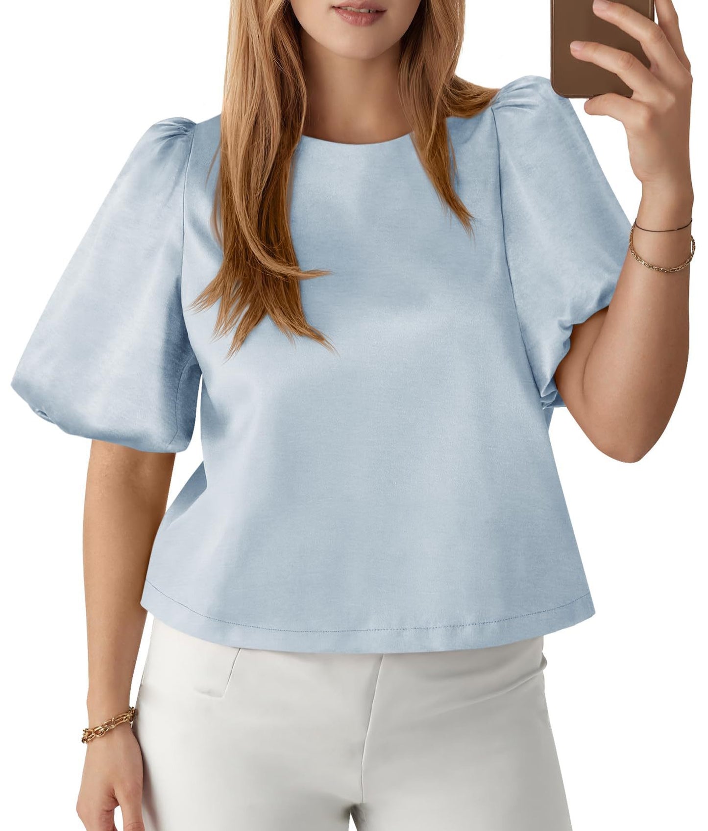 R1237 Women's Round Neck Satin Puff Sleeve Blouse