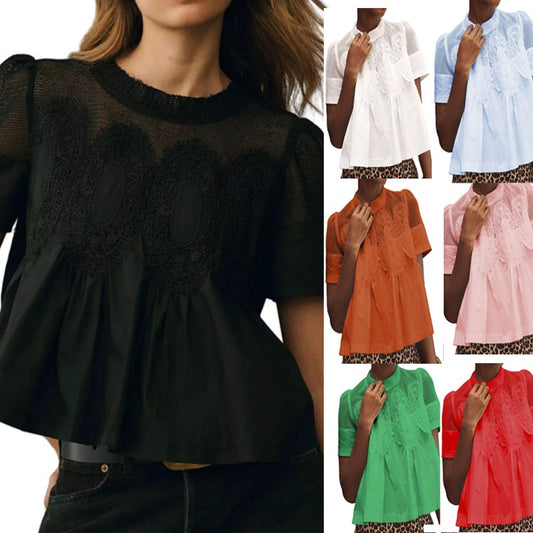 R1313 Lace & Corduroy Patchwork Babydoll Top