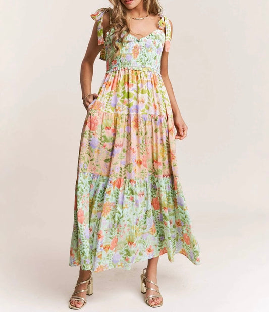 R1404 Sleeveless Tie Floral Long Dress