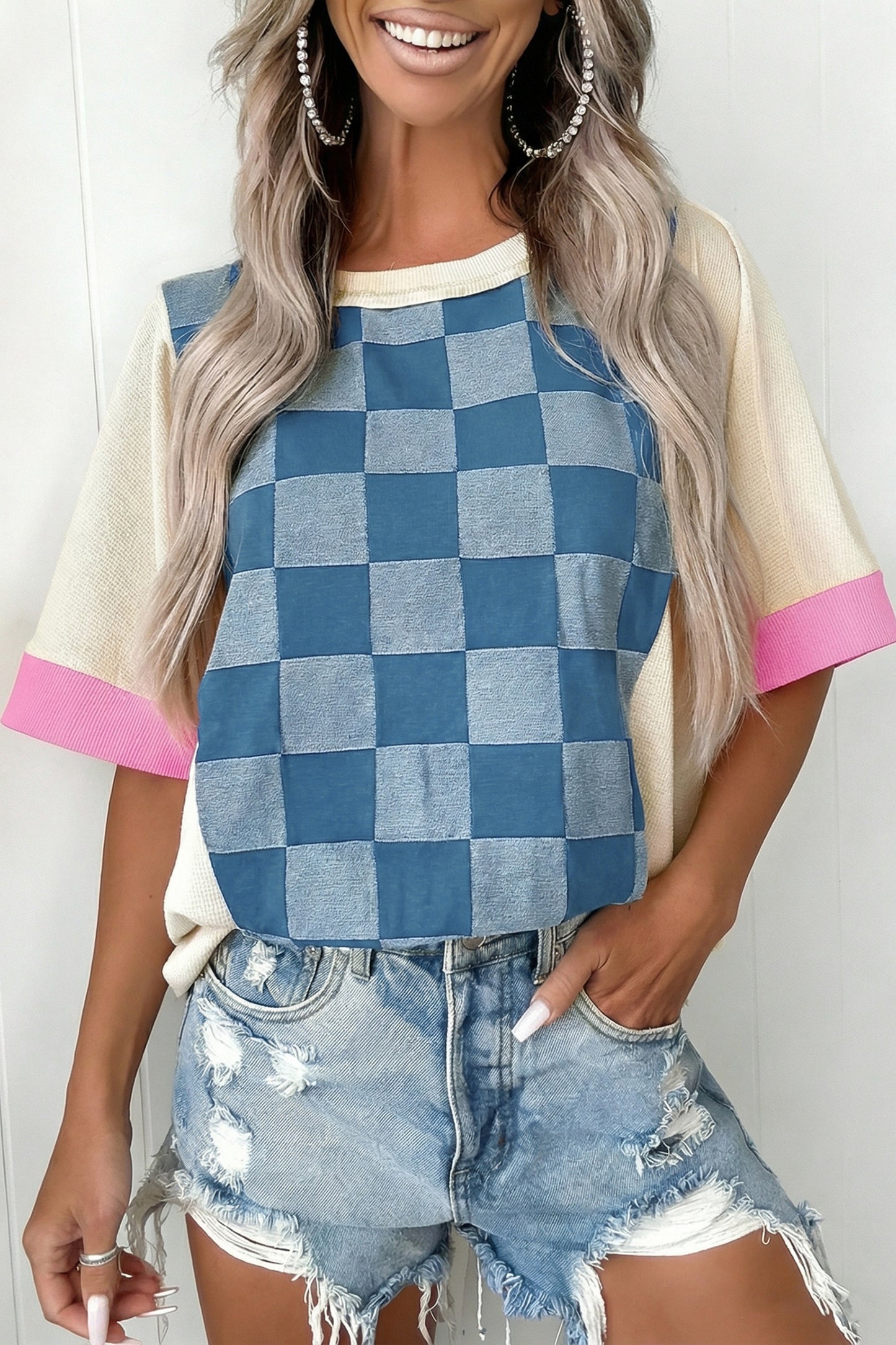 R1305 Checkered Denim Patchwork Short Sleeve Loose Top