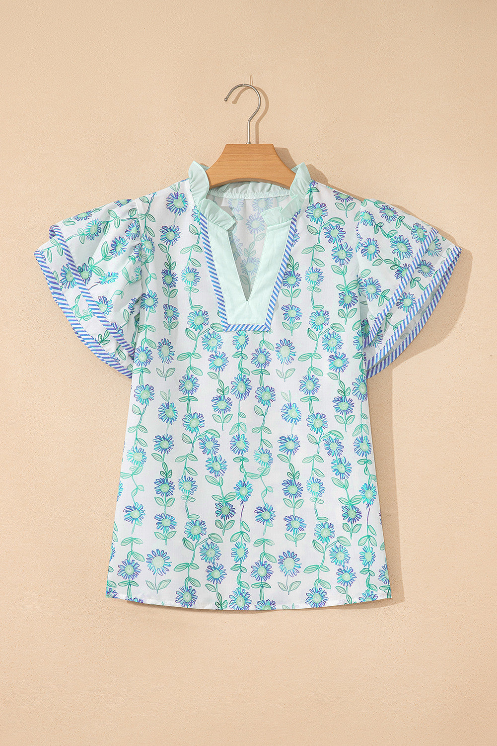 R1400 Green Floral Print Striped Detail Contrast V Neck Patchwork Flutter Sleeve Blouse
