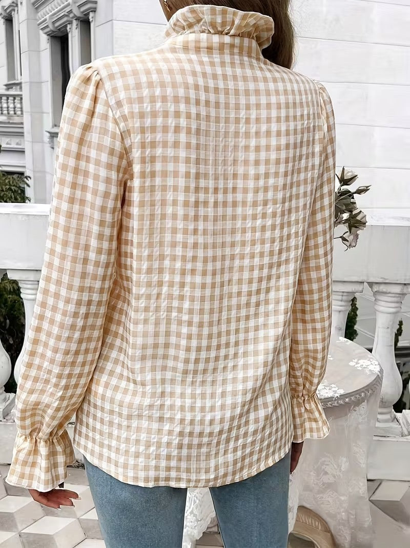 R1242 Long Sleeve Ruffle Hem Checked Blouse