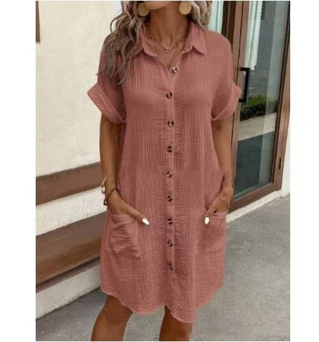R1558 Linen Button Front Pocket Dress