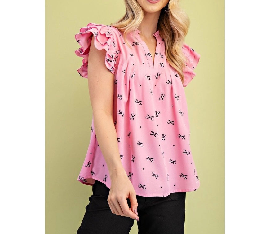 D4808 Bow print flutter sleeve blouse