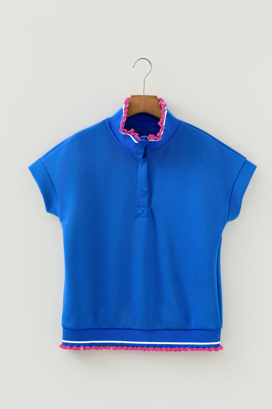R1308 Frilled Trim Button Collared Short Sleeve Knit Top