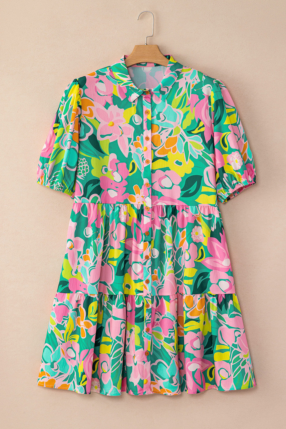 R1246 Floral Puff Sleeve Collar Buttoned Babydoll Dress
