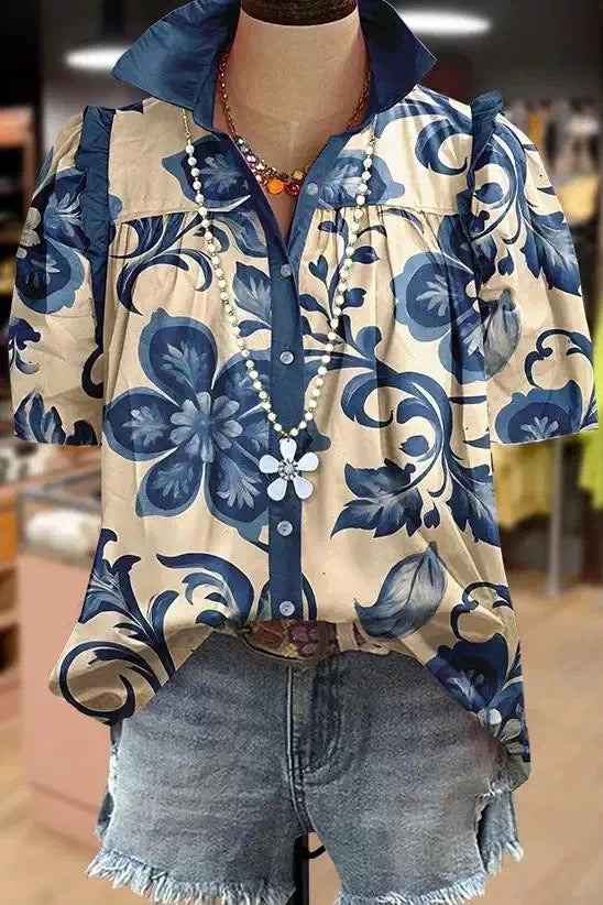 R1592 Short Sleeve Button Front Floral Blouse