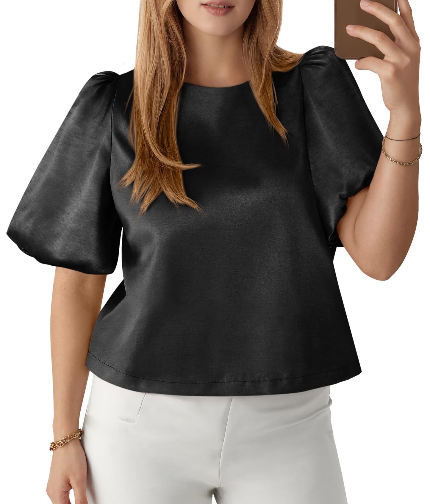 R1237 Women's Round Neck Satin Puff Sleeve Blouse