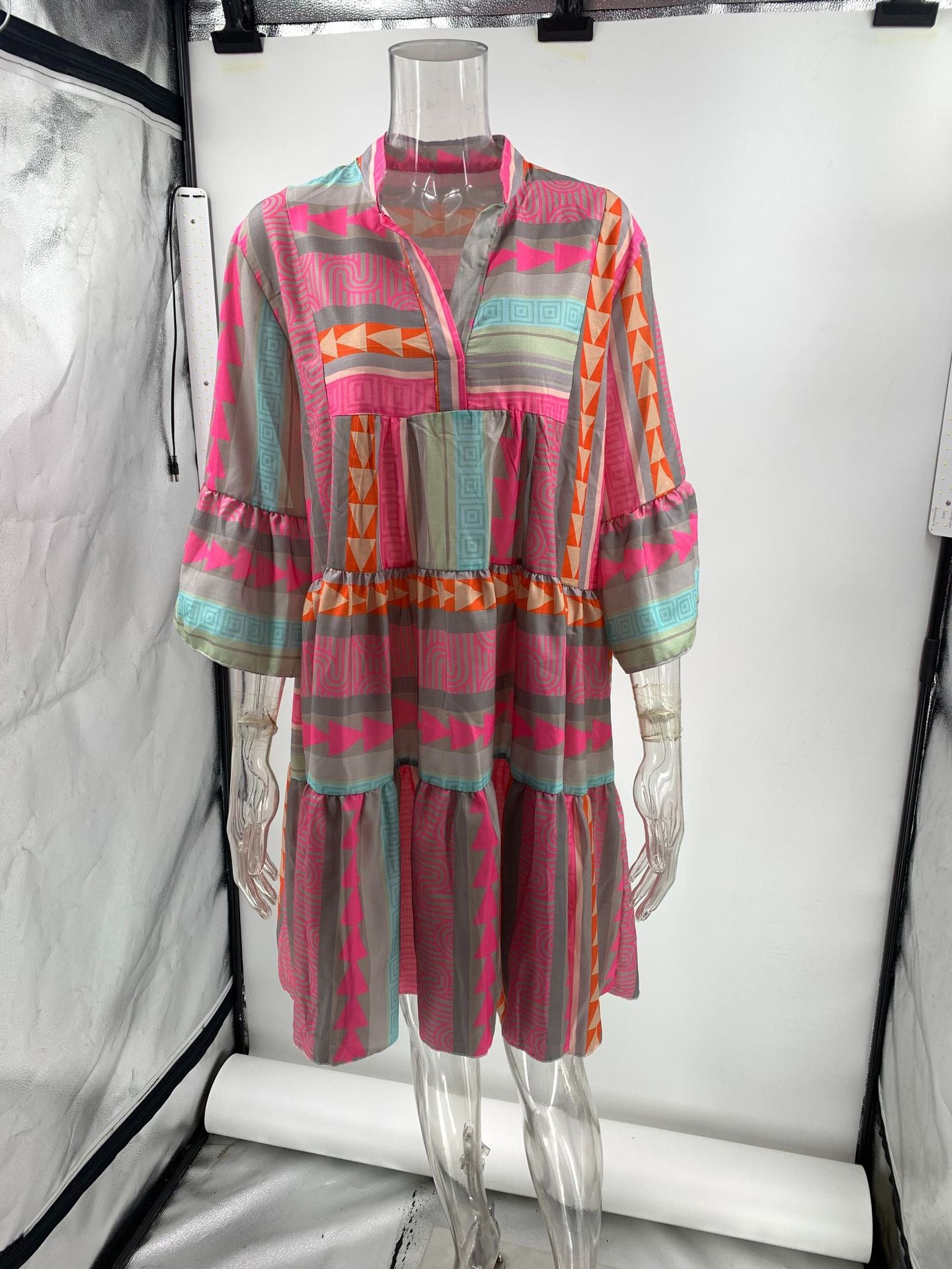 R1253 Boho Style V-neck and three-quarter sleeves ruffle dress