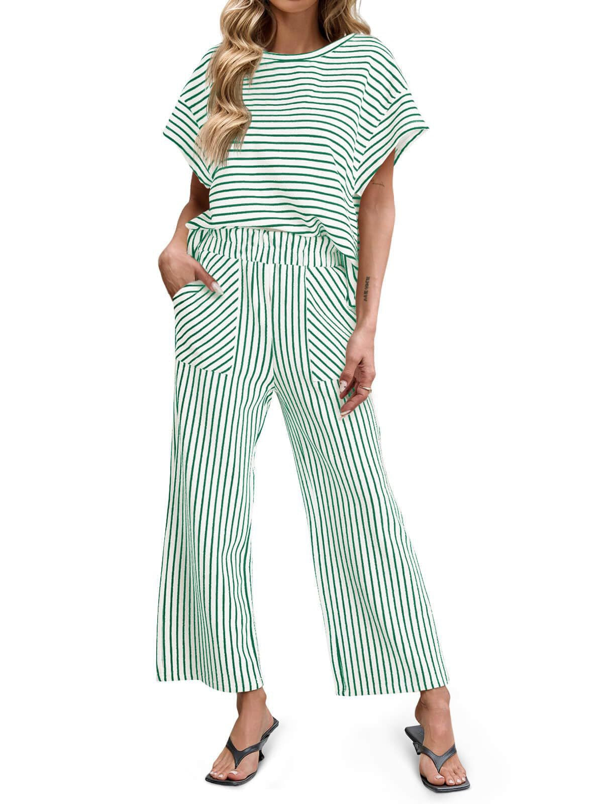 R1551 Bat Sleeve Stripe Top & Wide Leg Pant Set