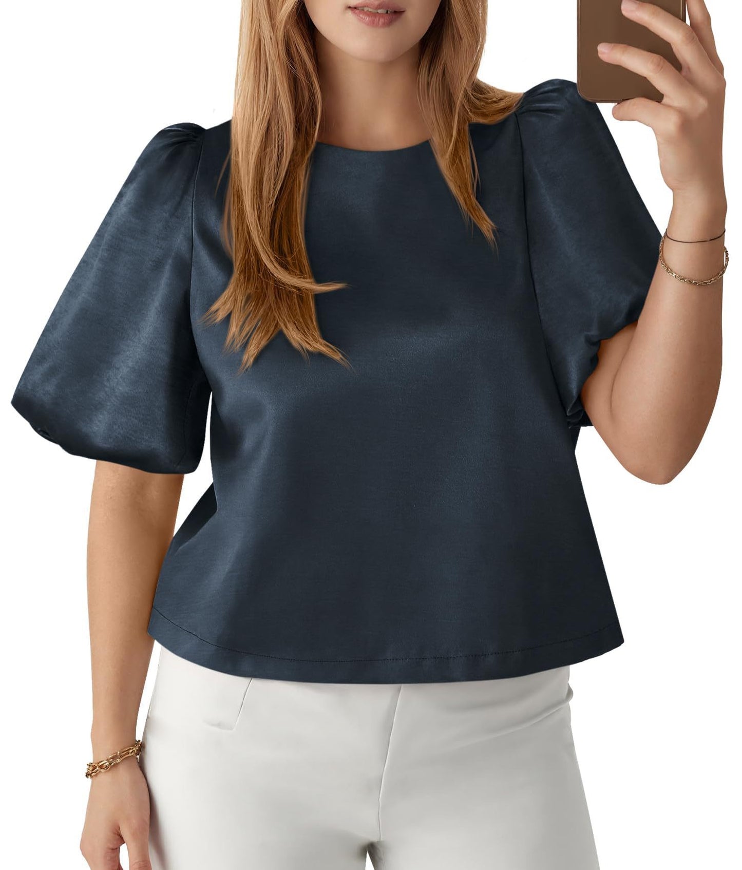 R1237 Women's Round Neck Satin Puff Sleeve Blouse