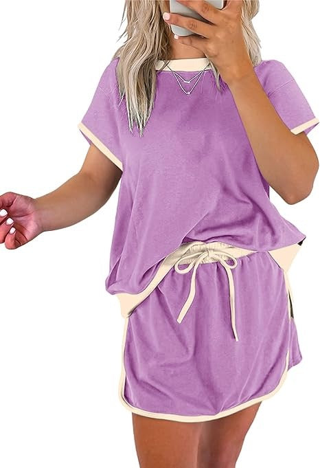 R1392 Colorblock Edge Drop Shoulder T Shirt and Skort 2Pcs Set