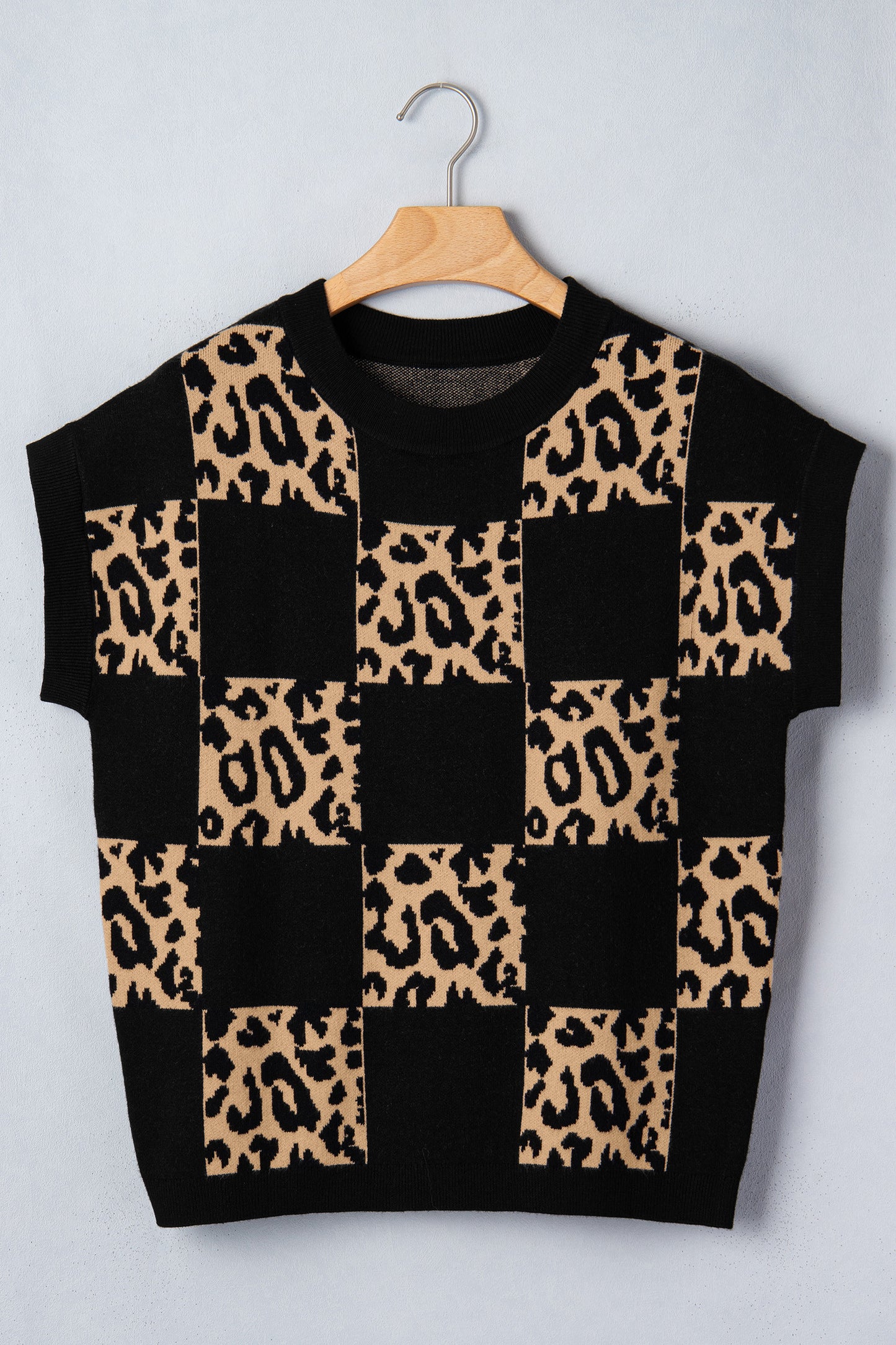 D5333 Leopard Checkerboard Short Sleeve Knit Sweater