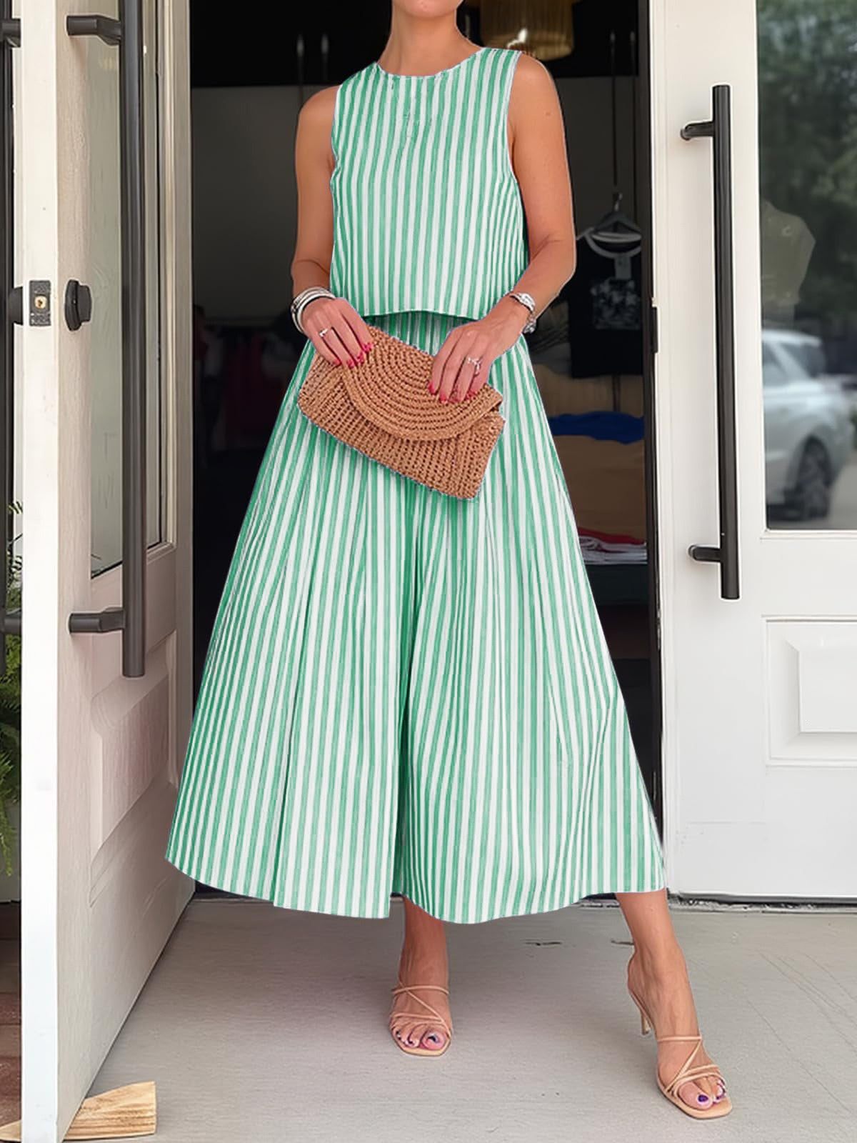R1593 Stripe Button Two Pieces Long Dress Set