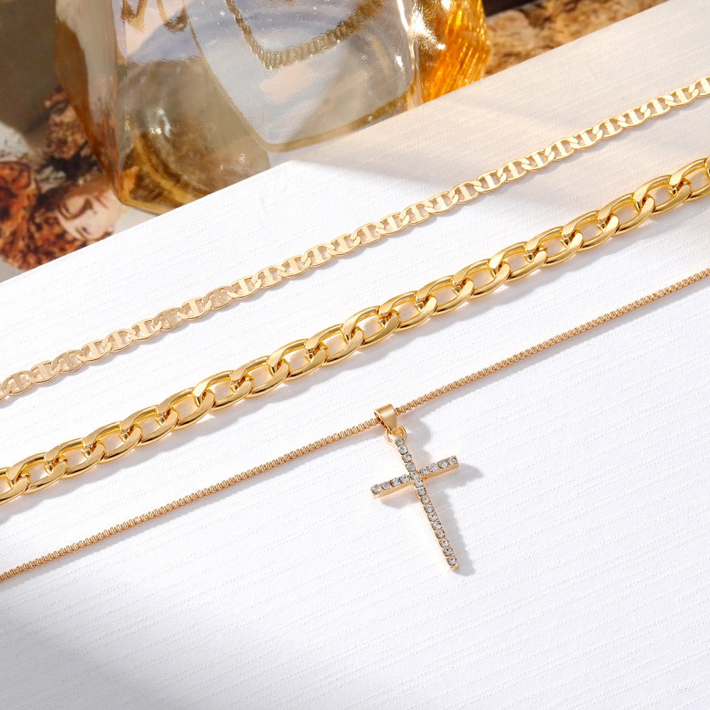 R1259 Gold Multi Layer Stacked Chains Necklace