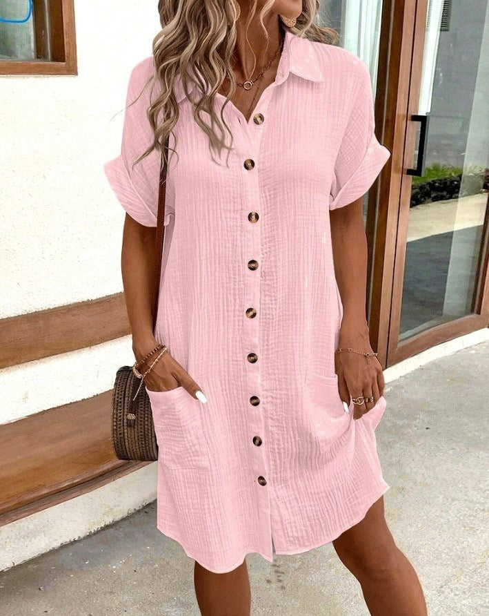 R1558 Linen Button Front Pocket Dress