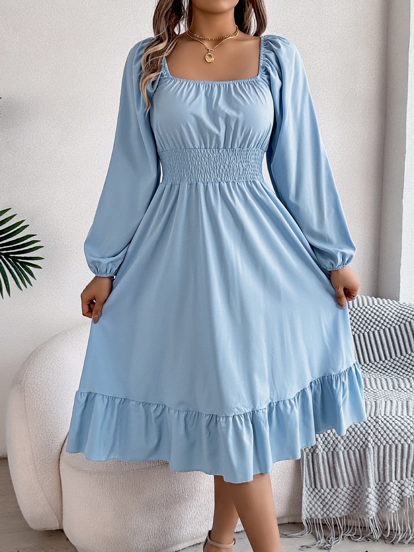 R1244 Solid-Color Square-Neck Long-Sleeve Waist-Defining Ruffle Hem Long Dress