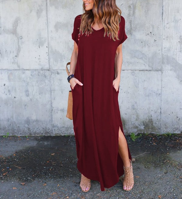 R1294 Short Sleeve Solid Color Pocket Maxi Dress