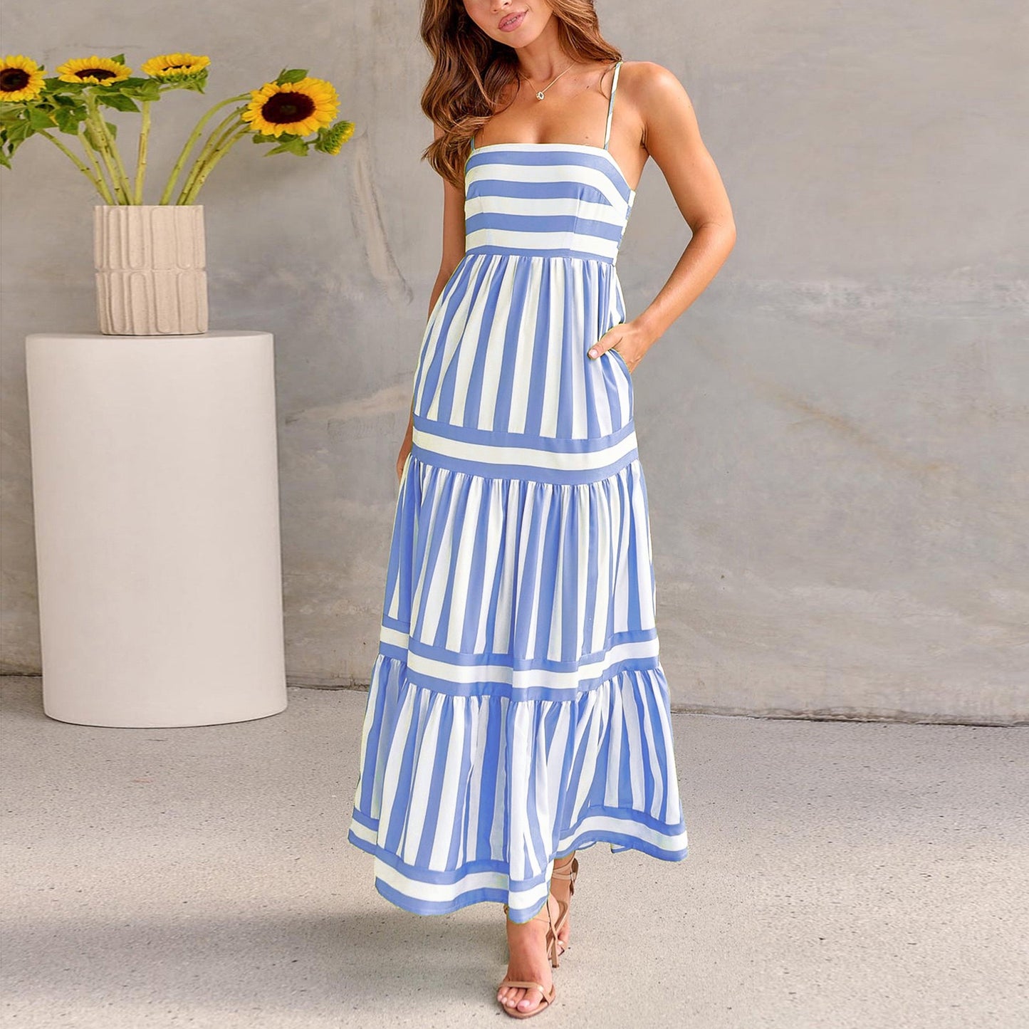 R1411 Stripe Slip Long Dress
