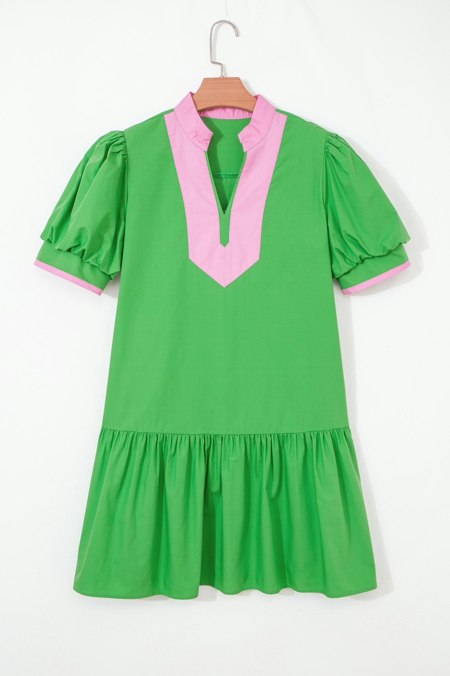 R1278 Green Puff Sleeve Ruffle Hem Mini Dress