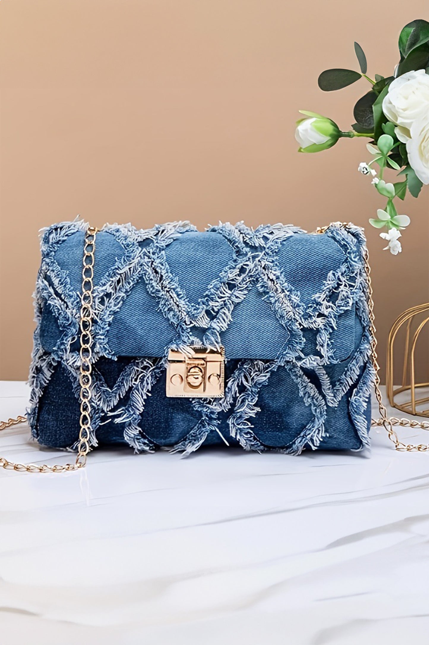 R1342 Blue Distressed Lattice Denim Chain Strap Shoulder Bag