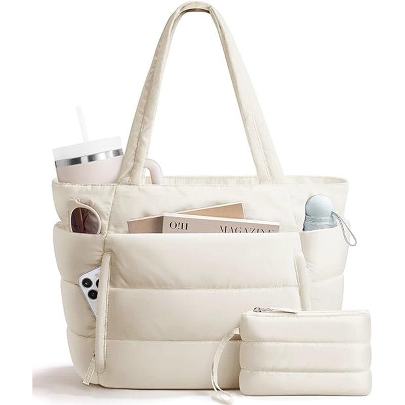 R1398 Solid Color Puffy Quilted Large Tote Bag