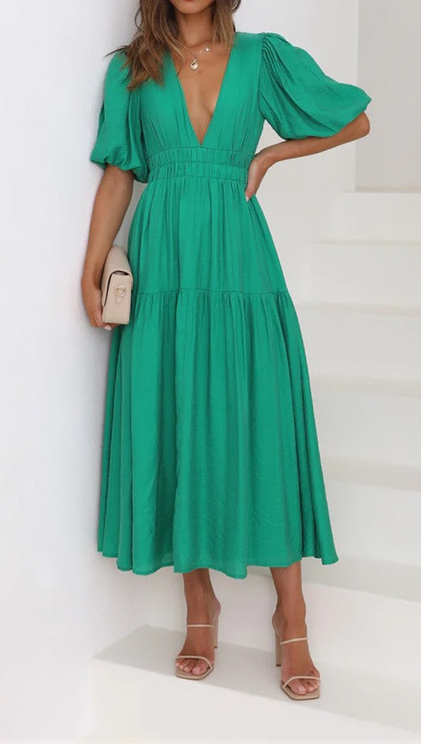 R1508 Deep V Neck Puff Sleeve Ruffle Long Dress