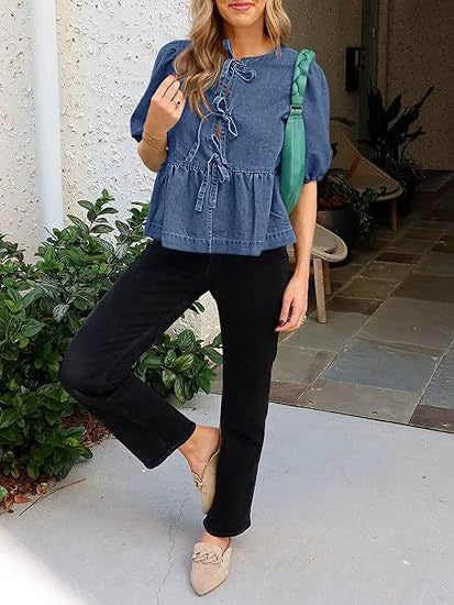 R1265 Bow Knot Babydoll Denim Top