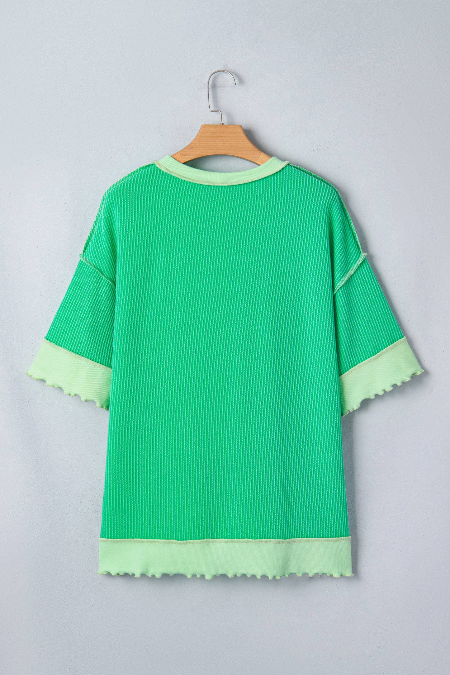 R1359 Mint Green Loose Uneven Hem Twist Ribbed T Shirt