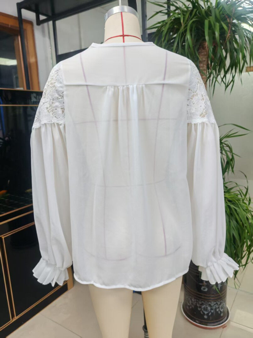 R1214 Lace-stitched puff sleeves pleated blouse