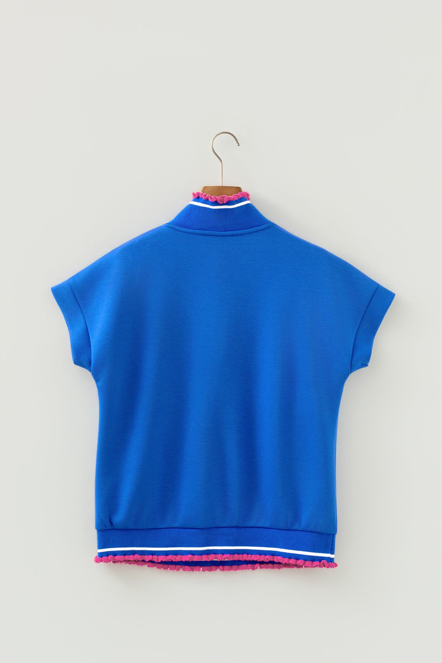 R1308 Frilled Trim Button Collared Short Sleeve Knit Top