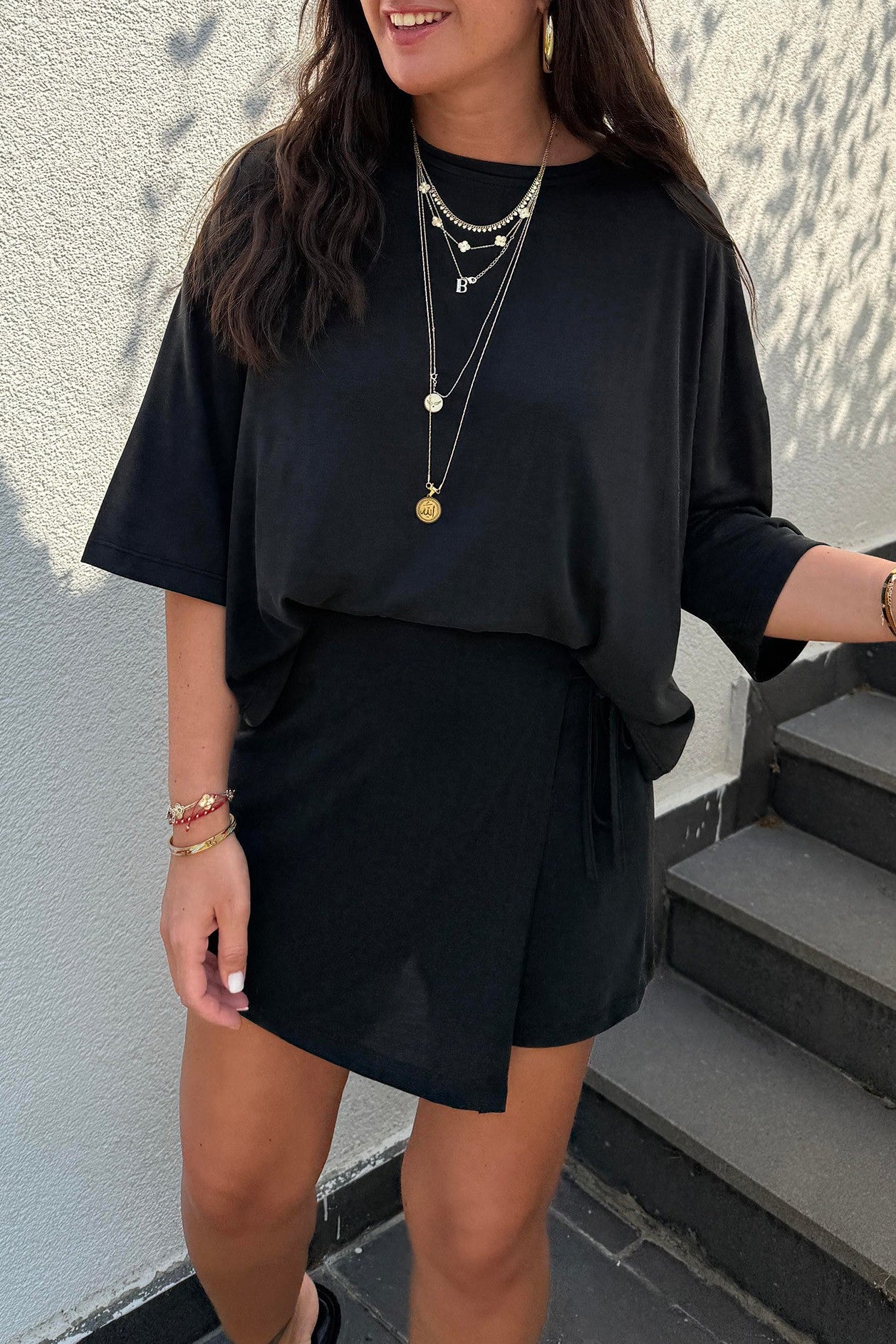 R1437 Solid Color Oversize Tee Tie Wrap Mini Skort 2pcs Set