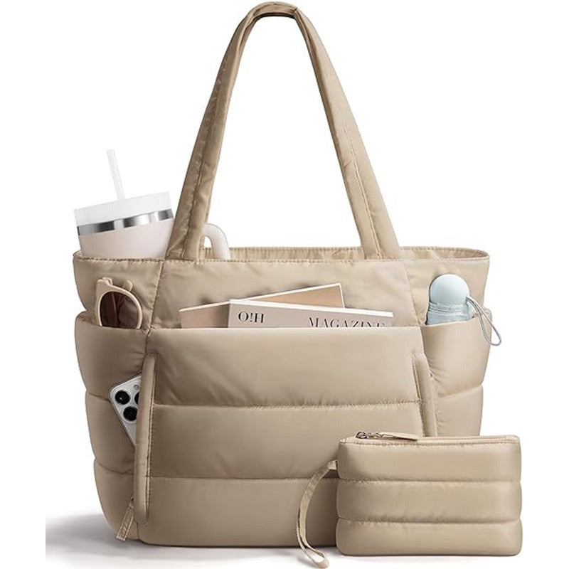 R1398 Solid Color Puffy Quilted Large Tote Bag
