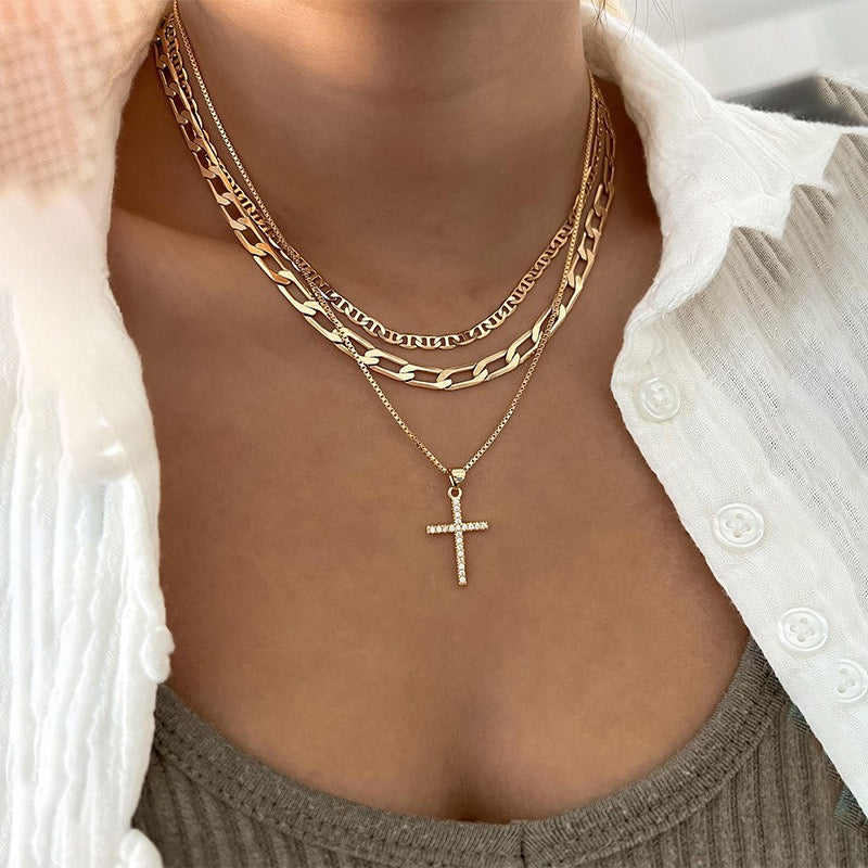 R1259 Gold Multi Layer Stacked Chains Necklace
