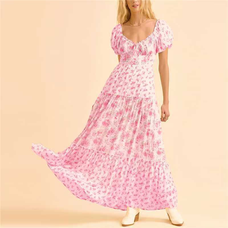 R1403 Puff Sleeve Floral Patchwork Long Dress