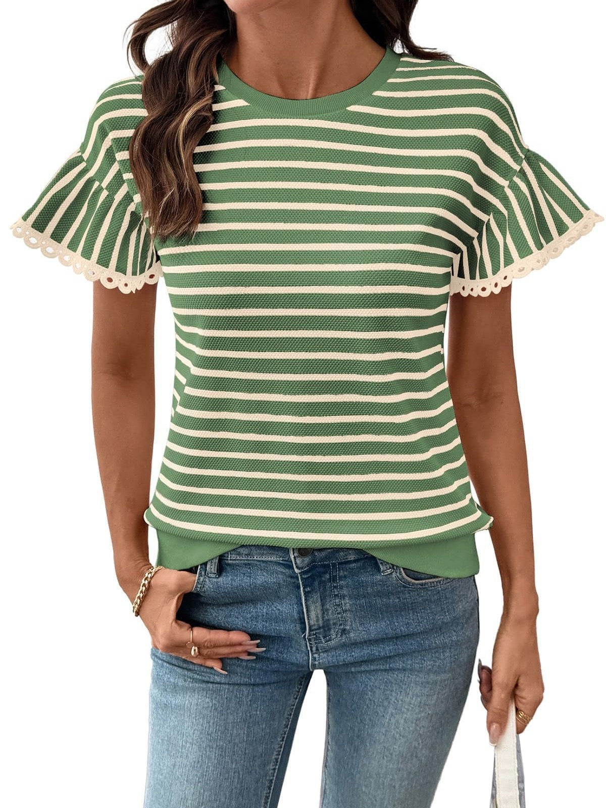 R1395 Short Sleeve Lace Hem Stripe Shirt