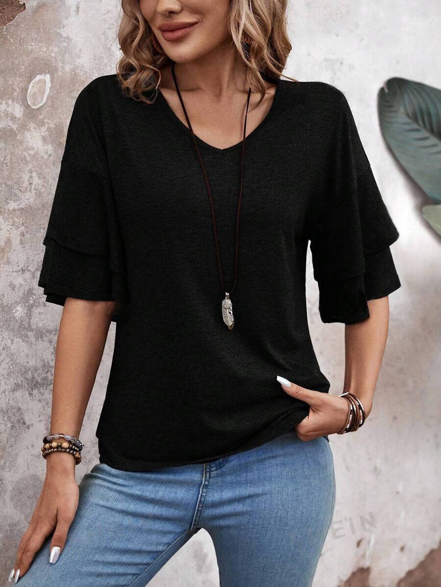 R1311 Solid Color Ruffle Sleeve Top